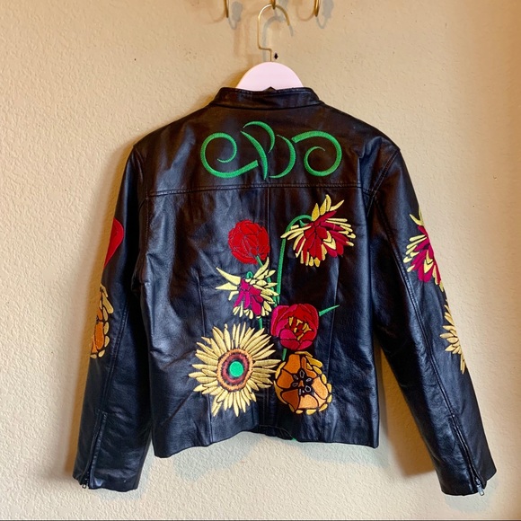 Floral Embroidered Leather Biker Jacket - Picture 4 of 8